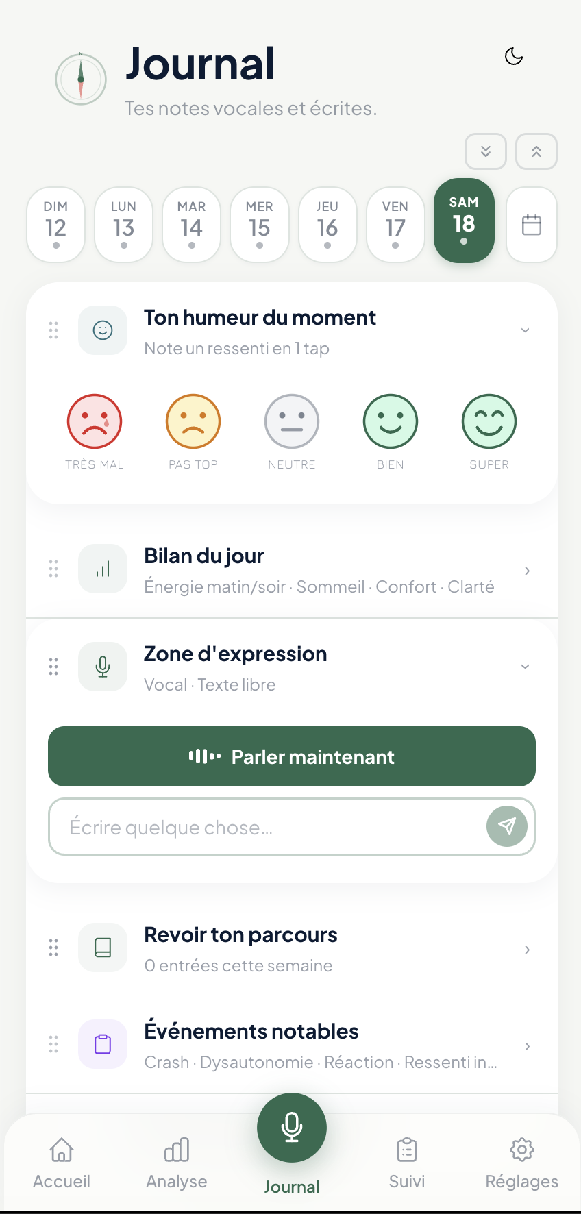 Aperçu de l'écran Journal — humeur du moment, bilan du jour, zone d'expression vocale