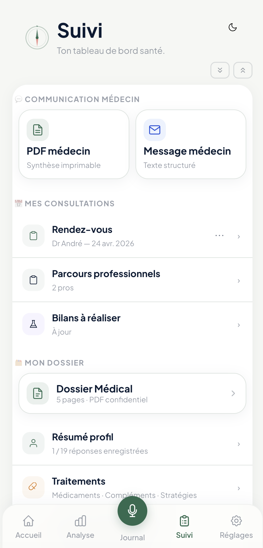 Aperçu de l'écran Suivi — PDF médecin, message médecin, consultations et dossier