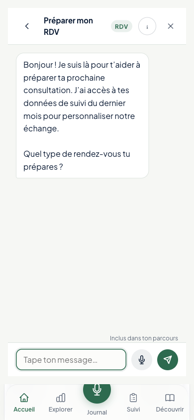 Aperçu du compagnon IA Boussole+ - mode Préparer mon RDV, échange qui s'appuie sur les données de suivi du dernier mois